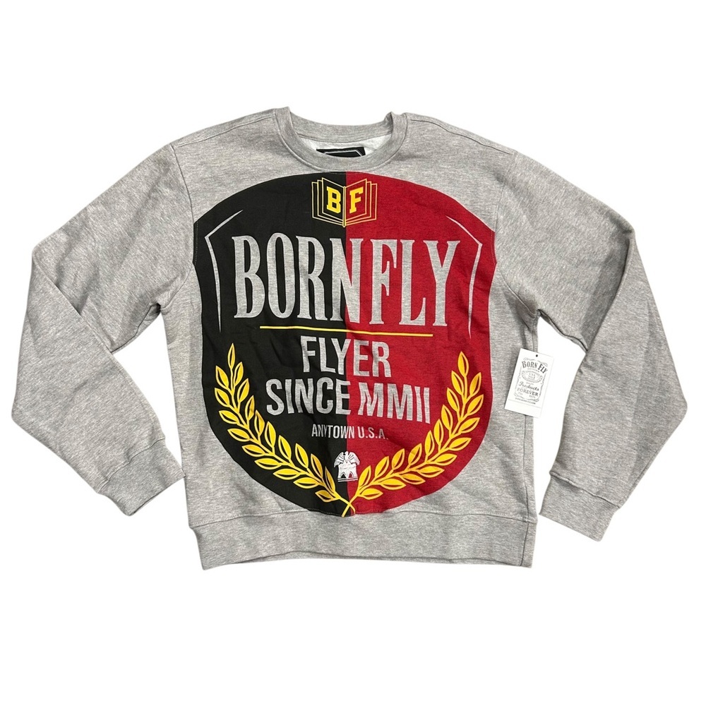 NWT Born Fly‎ Shield Mens Large Crewneck Sweatshirt Heather Grey, Red, Black